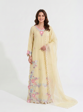 Butter Yellow Sheesha Silk Kaftaan with Pure Organza Dupatta