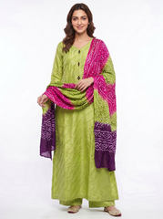 Lime Green Tussle Silk Suit with Multicolor Chunri Dupatta