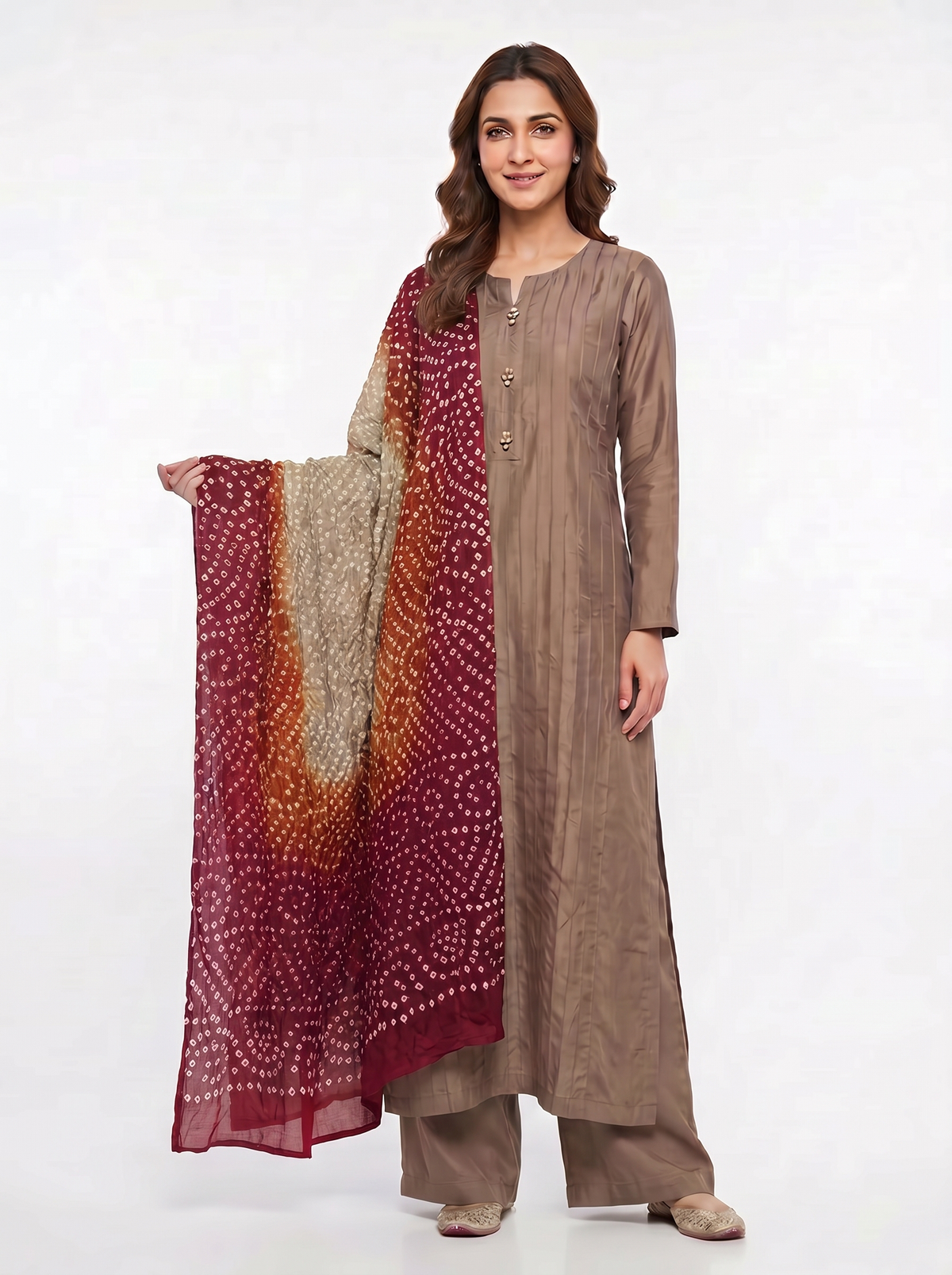 Copper Tussle Silk Suit with Maroon Chunri Dupatta