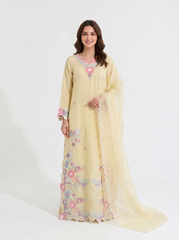 Butter Yellow Sheesha Silk Kaftaan with Pure Organza Dupatta